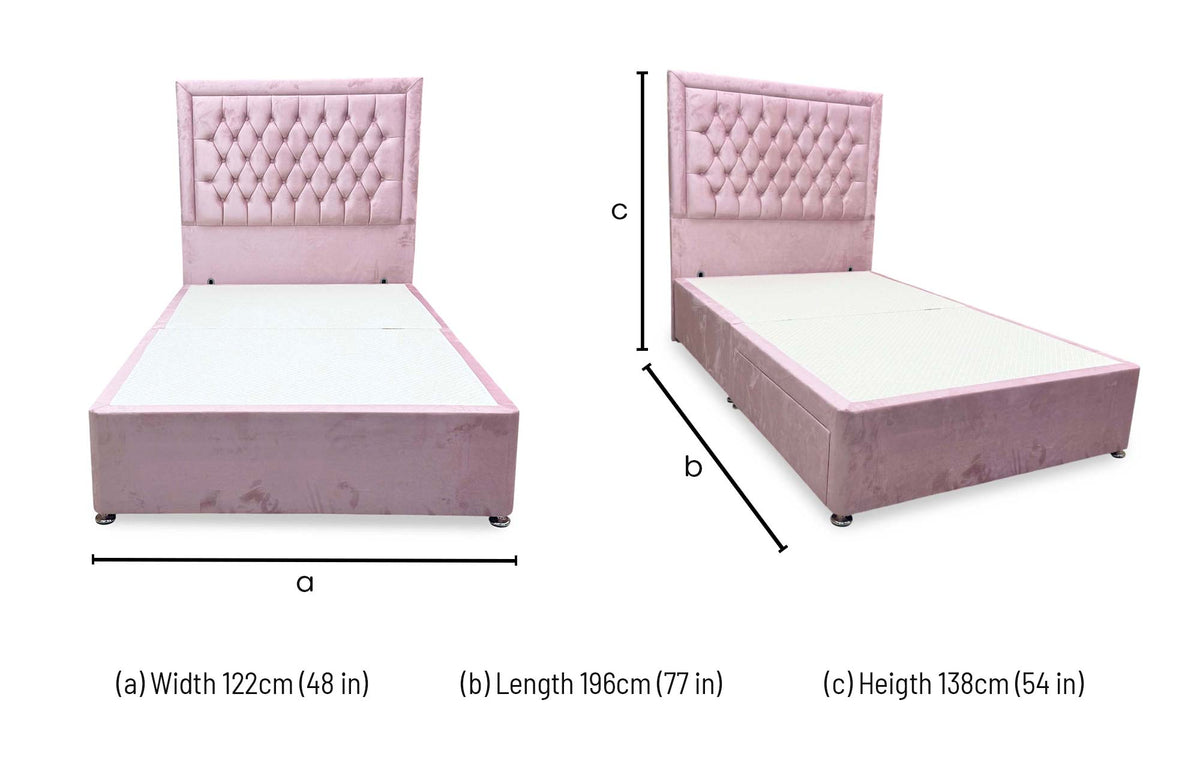 'Elsie' Pink Velvet Floor Standing Headboard with 2 Drawer Divan Bed Base - Small Double