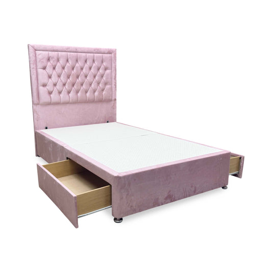 Elsie pink velvet divan bed with floor standing headboard, angled view with both side drawers open