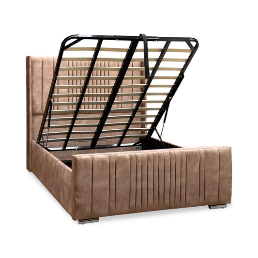 Sebastian taupe velvet wingback double ottoman bed with the base lifted from the foot end