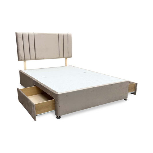 Norman beige velvet strutted headboard and double divan base with both storage drawers open