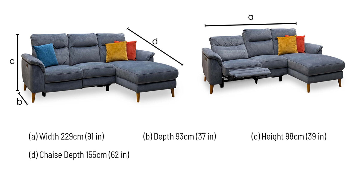 'Morgan' Dexter Shadow Grey Velvet Fabric Right Hand Facing 3 Seater Power Recliner Sofa with Chaise End