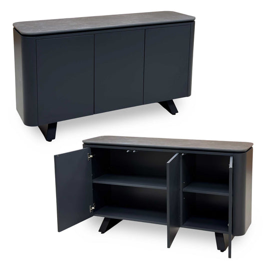 Warrior grey sintered stone top 3 door sideboard shown closed and with doors open to reveal the shelves