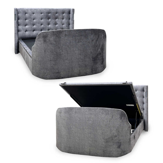 Sonic dark grey velvet ottoman TV bed frame shown closed and with the end lift storage open