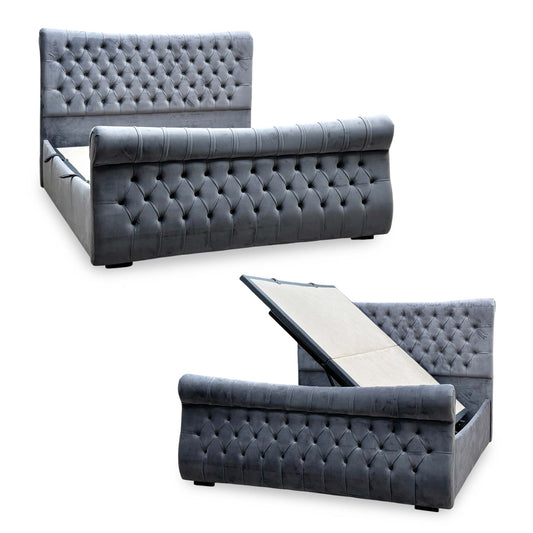 Lance dark grey velvet super king ottoman bed frame, shown closed and with the storage base lifted