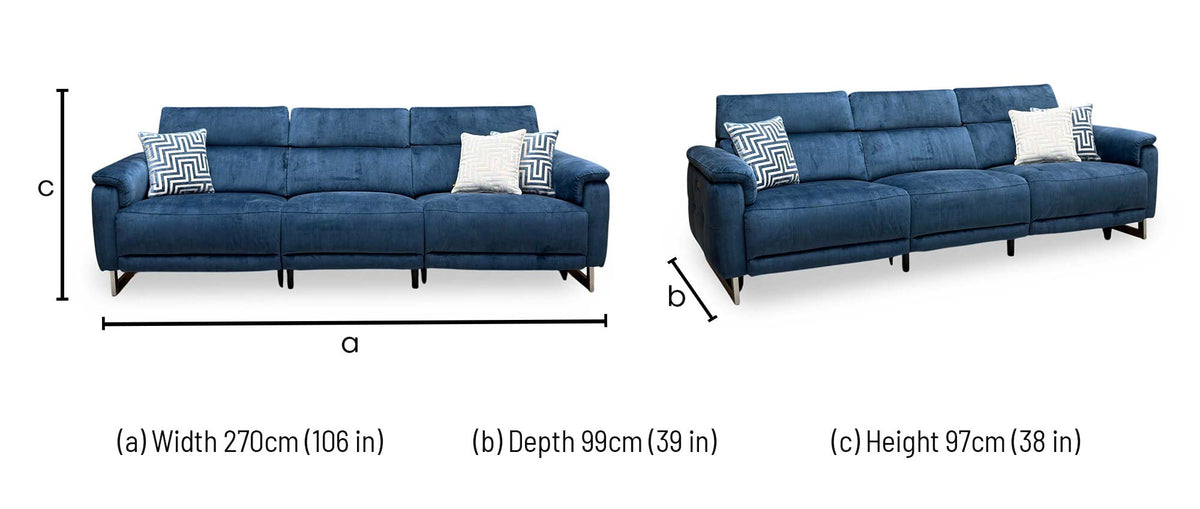 'Moet' Giula Dark Blue Velvet Fabric 4 Seater Power Recliner Sofa with Telescopic Headrests