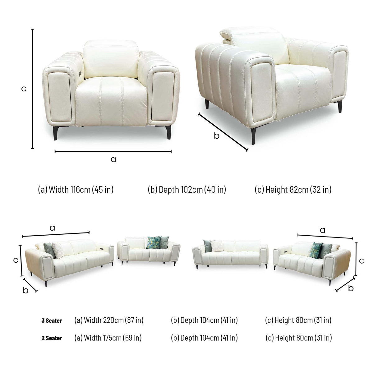 'Elphaba' Cotton White Leather 3 + 2 Seater Power Recliner + Power Chair Sofa Set with Storage Arms
