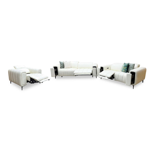 Elphaba cotton white leather power recliner set with the chair, 3 seater and 2 seater footrests raised