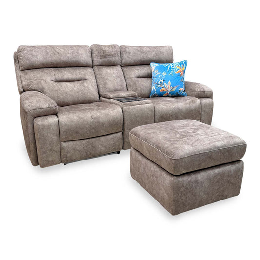 ‘Cinemax’ Marble Classic Brown Velvet Fabric 2 Seater Media Power Recliner Sofa with Power Headrests + Storage Footstool