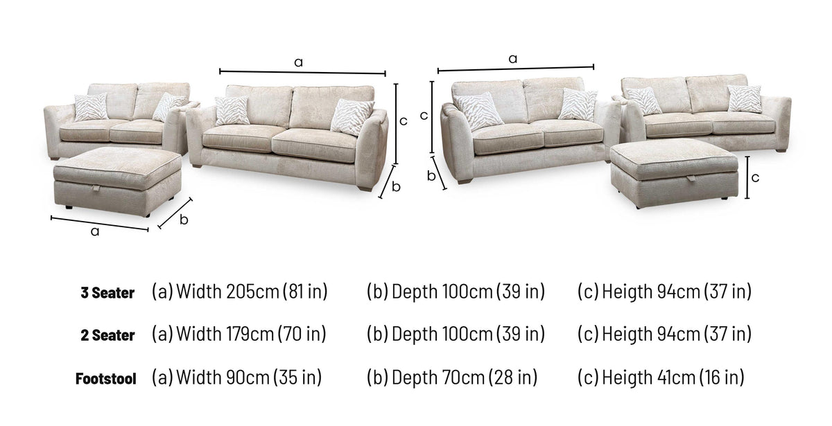 'Boujee' Lustro Biscuit Beige Fabric 3 + 2 Seater Classic Back Sofa Set + Storage Footstool
