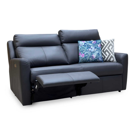 G Plan Wren slate grey leather 3 seater power recliner sofa, angled view with one seat reclined