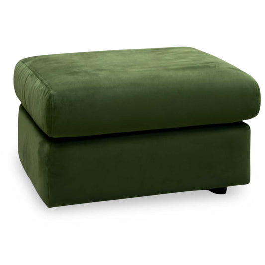 G Plan Thornbury vine green velvet footstool, angled view showing the deep padded top