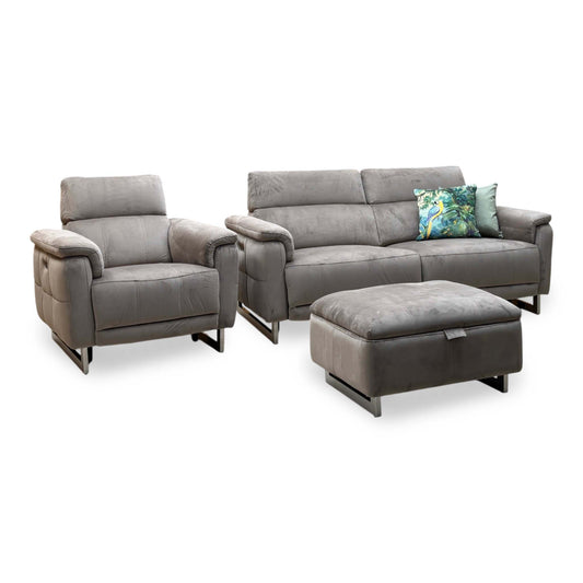 Moet cedar velvet 3 seater power recliner sofa, power chair and storage footstool set, angled from the left
