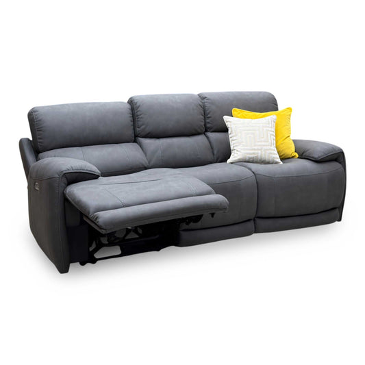 Link grey suede fabric 3 seater power recliner sofa, angled view with left seat reclined