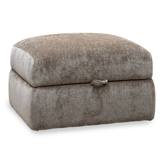Ideal Home Gemini brown fabric storage footstool, angled view with fabric pull tab on the lid