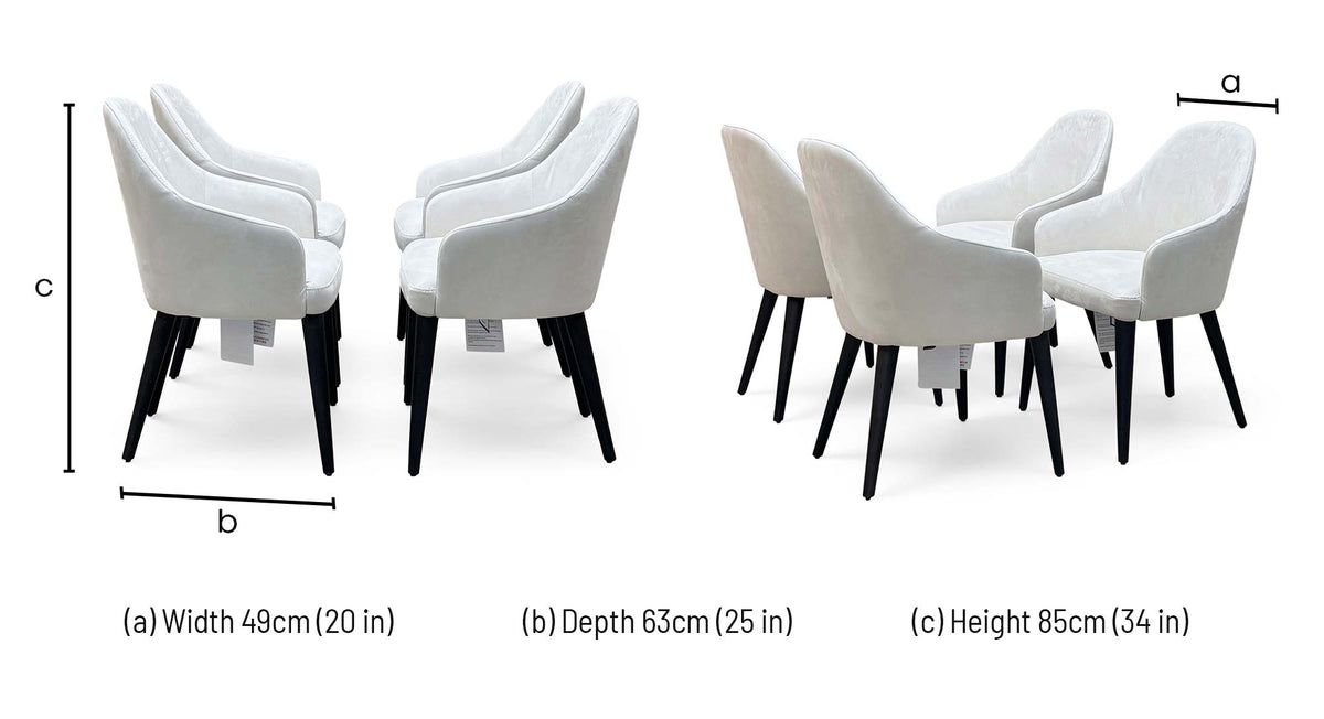 Blade white suede fabric dining chair dimensions: width 49cm, depth 63cm, height 85cm