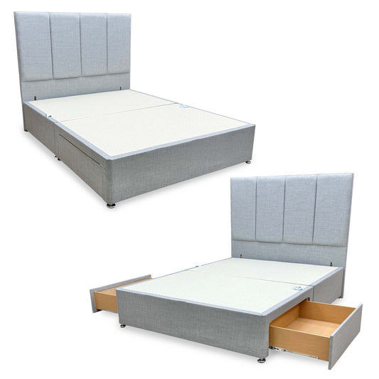 Albert silver fabric king divan base and floor standing headboard shown with drawers closed and open