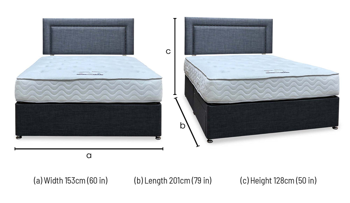 George grey fabric king divan bed dimensions: width 153cm, length 201cm, height 128cm