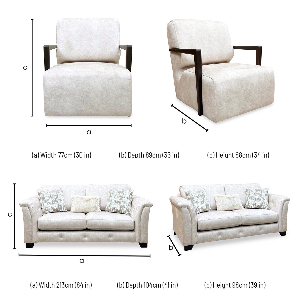 'Aura' Kenzo Cream Dw Ft Velvet Fabric 3 Seater Classic Back Sofa + Swivel Chair with Dark Wood Arm