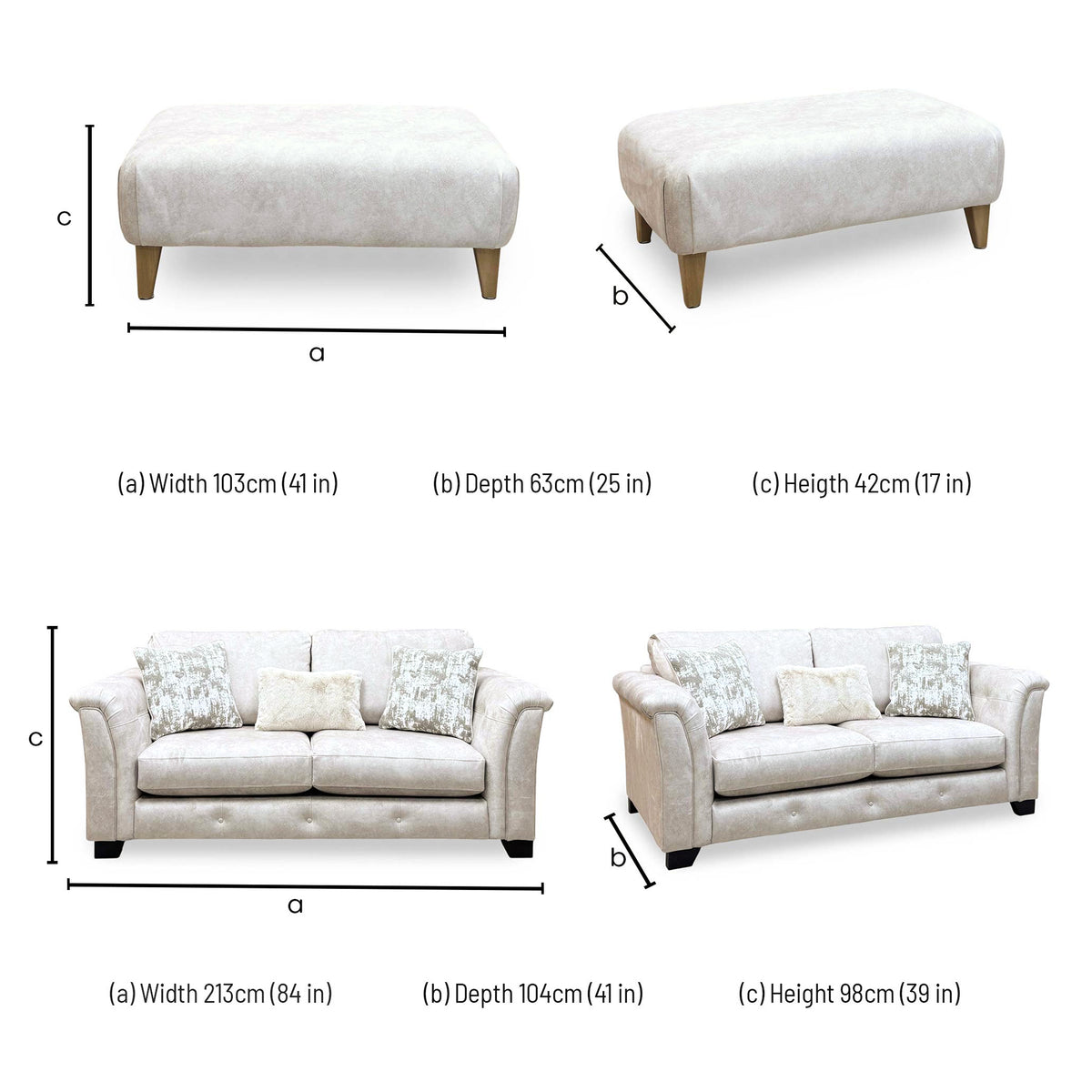 ‘Aura’ Kenzo Cream Dw Ft Velvet Fabric 3 Seater Classic Back Sofa + Footstool