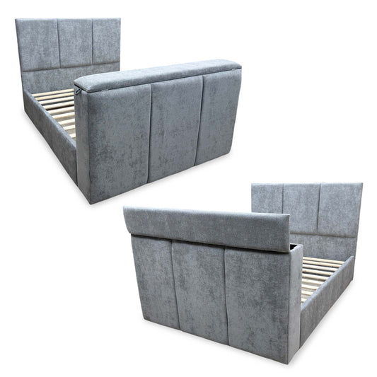 Sterling grey fabric king TV bed shown from two angles, with slatted base and panelled headboard