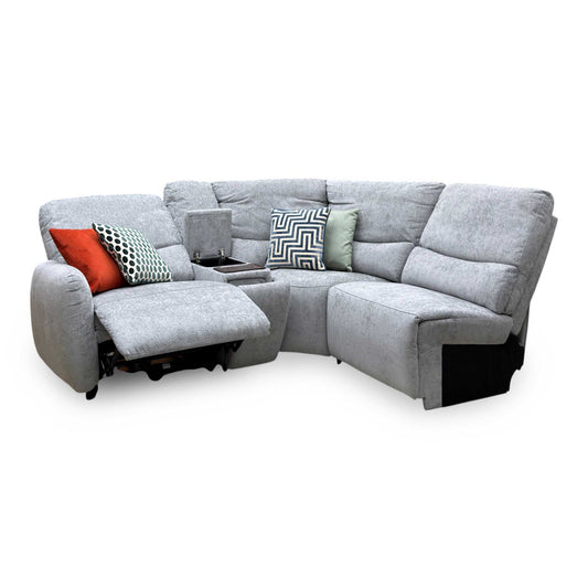 Darren light grey fabric power recliner chaise sofa, angled view with one seat reclined and media console open