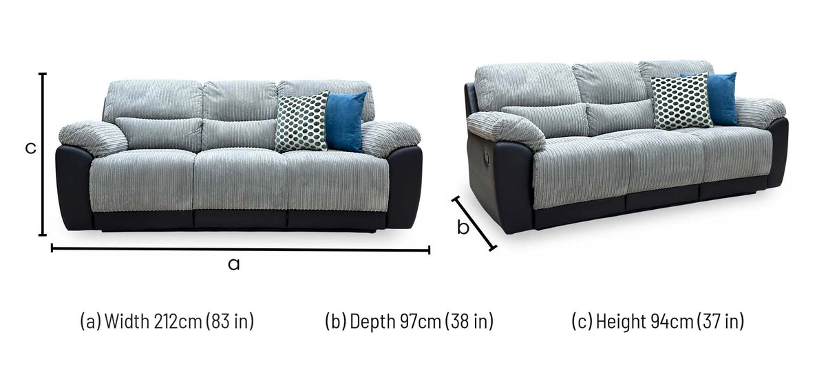 ‘Sienna’ Black_Grey Fabric_Faux Leather High Back 3 Seater Sofa
