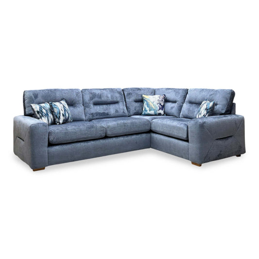 Front view of the Melrose blue chenille right hand double arm corner group sofa with patterned scatter cushions