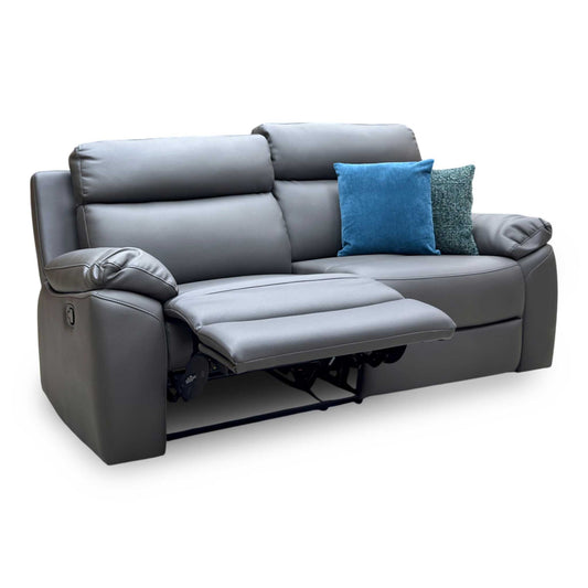 'Edison' Charcoal Grey Luxury Faux Leather 3 Seater Manual Recliner Sofa