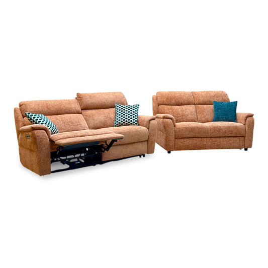 Nicoletti Vito orange fabric 3 seater power recliner sofa with left seat reclined, 2 seater behind