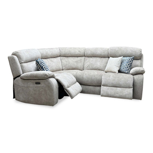 Moreno cream velvet left hand facing power recliner corner sofa with two seats reclined and footrests raised