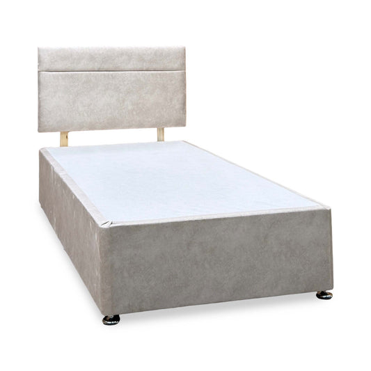 Alfie beige velvet single divan base and headboard, angled view with no drawers and chrome glide feet