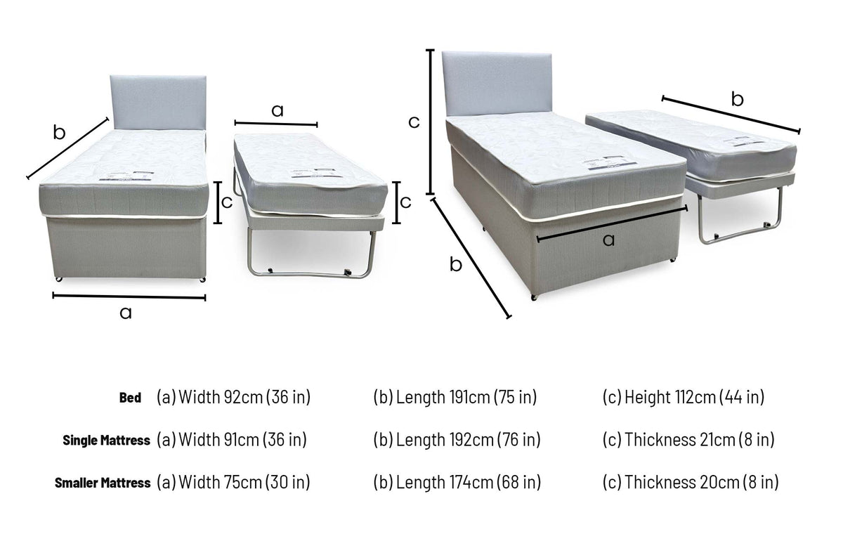 Gus single guest bed dimensions: width 92cm, length 191cm, height 112cm, mattresses 91 x 192cm and 75 x 174cm