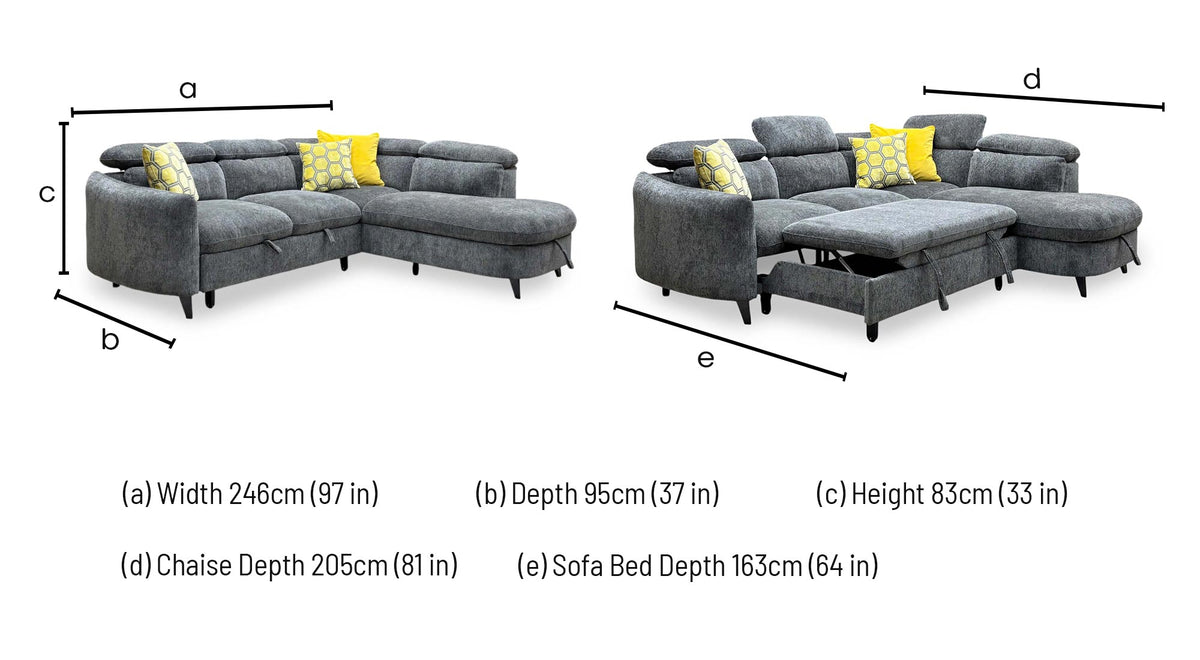 Snooze charcoal grey corner sofa bed dimensions: width 246cm, depth 95cm, height 83cm, chaise 205cm, bed depth 163cm