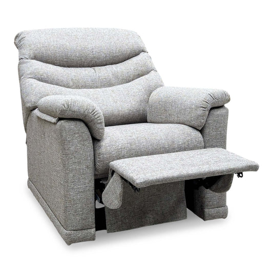 G Plan Malvern oatmeal woven fabric power recliner chair, angled view in the reclined position with footrest raised