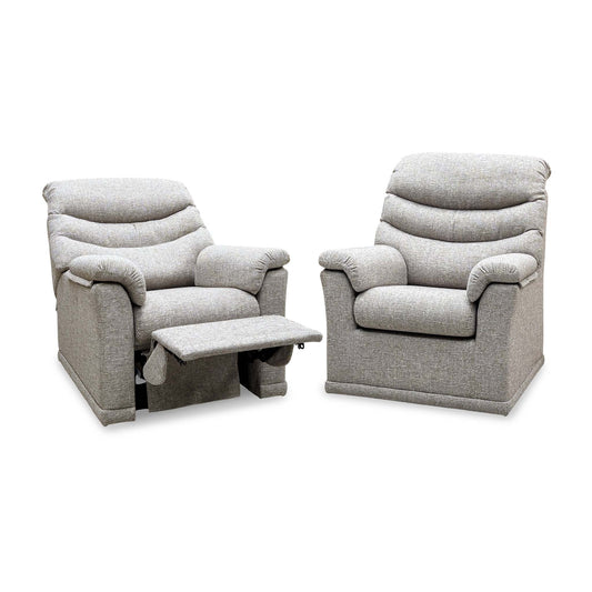 G Plan Malvern oatmeal woven fabric power recliner chair with footrest raised beside the standard chair