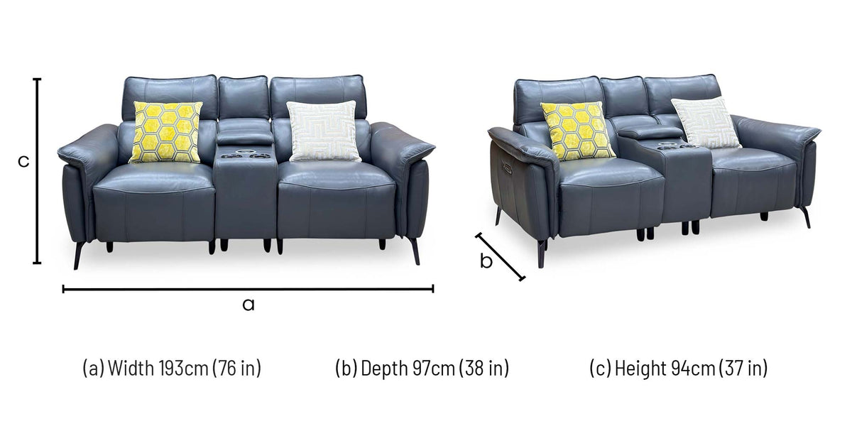 Jude lavender grey leather 2 seater power recliner dimensions: width 193cm, depth 97cm, height 94cm