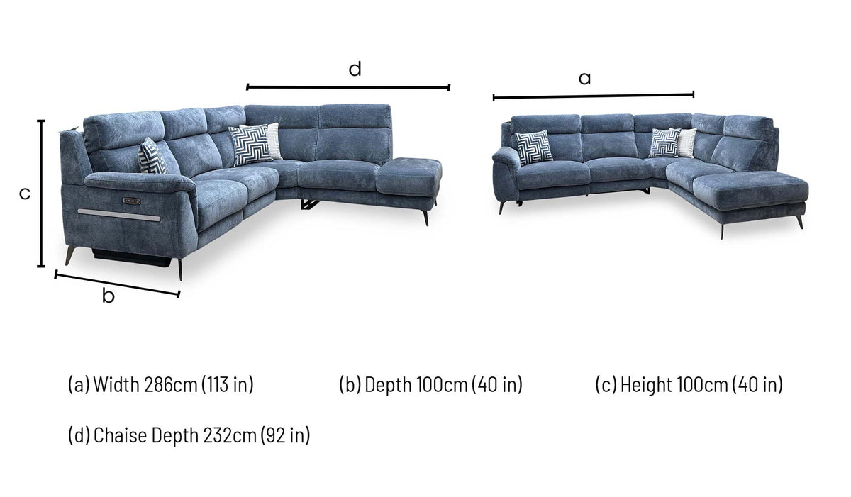 Eclipse power recliner corner sofa dimensions: width 286cm, depth 100cm, height 100cm, chaise depth 232cm