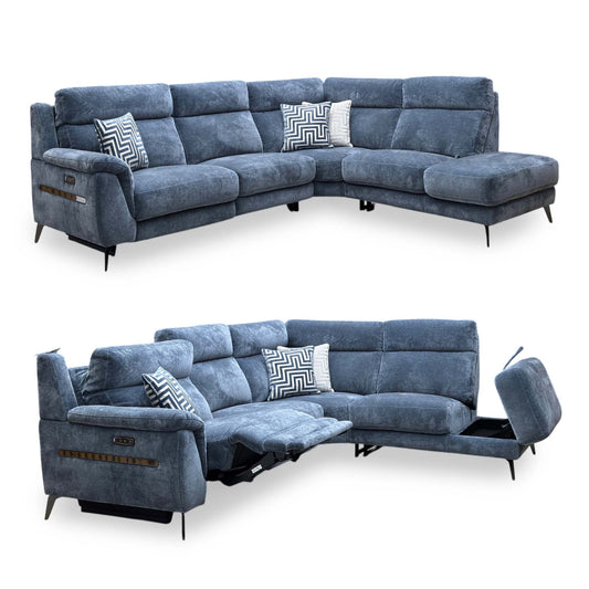 'Eclipse' Fab-Dab-R18 Silverish Blue Gm Fabric Right Hand Facing Power Recliner Sofa with Power Headrests and Chaise End Storage