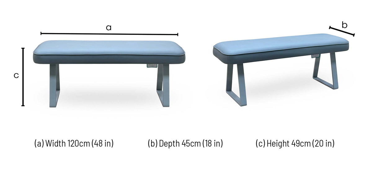 Fumo light grey faux leather dining bench dimensions: width 120cm, depth 45cm, height 49cm