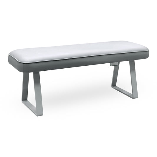 Fumo light grey faux leather dining bench with darker grey sides and silver sled legs, angled view