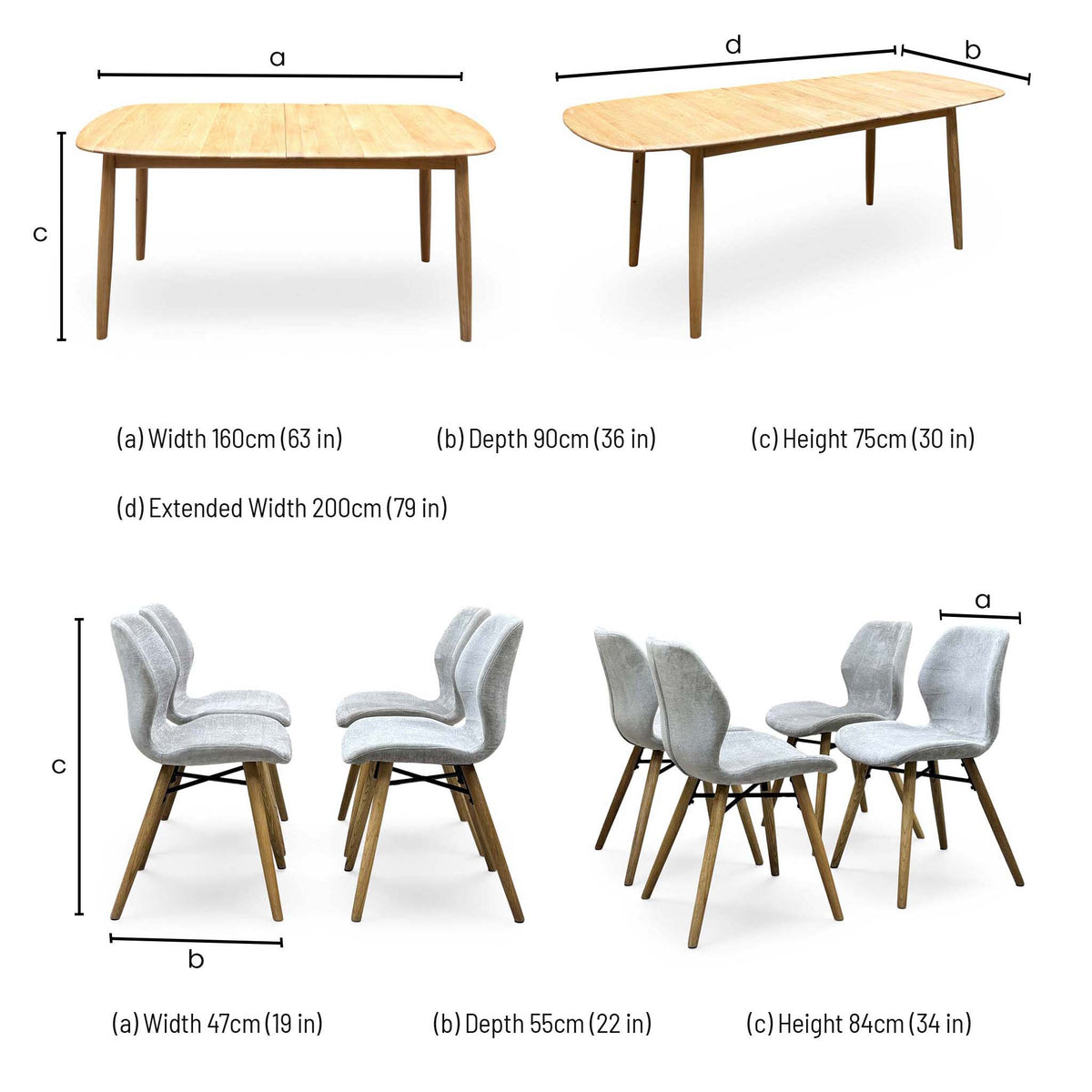 'Stockholm' Light Oak Solid Oak 160cm Extending Dining Table with Light Grey Set of 4 Dining Chairs