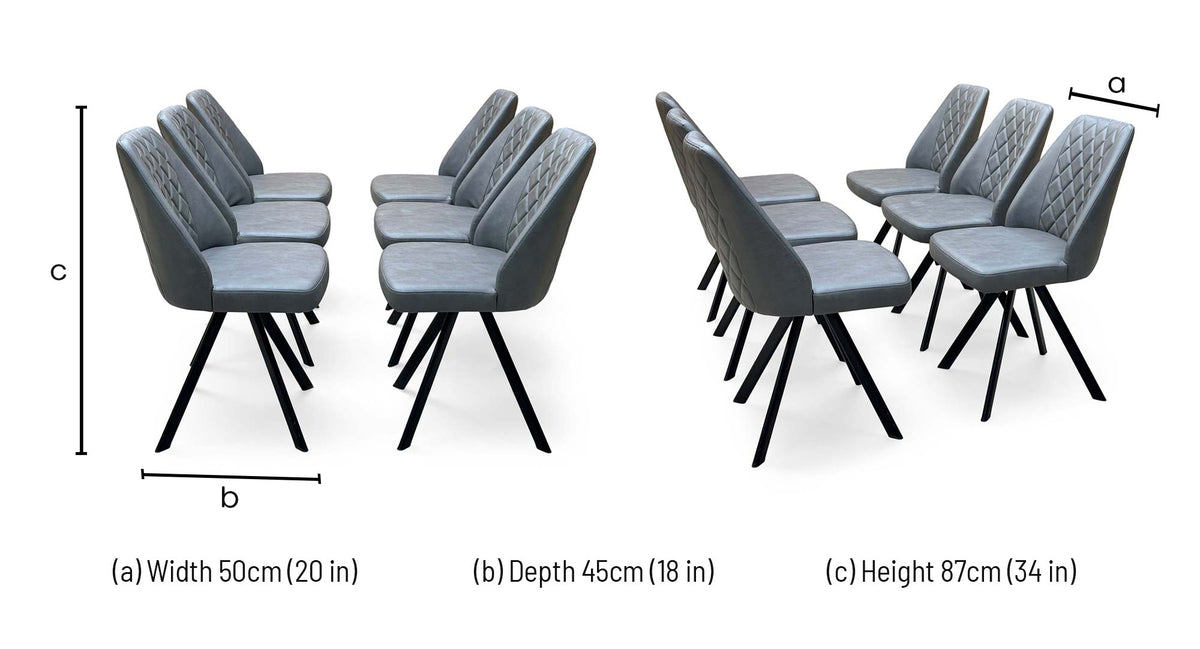 Jupiter grey faux leather swivel dining chair dimensions: width 50cm, depth 45cm, height 87cm