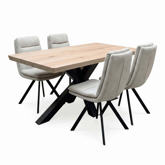 Bodahl 'Njord' 8 Vintage Grey Solid Oak 140cm Compact Soft Edge Dining Table with Sand Beige Fabric Swivel Chairs X 4