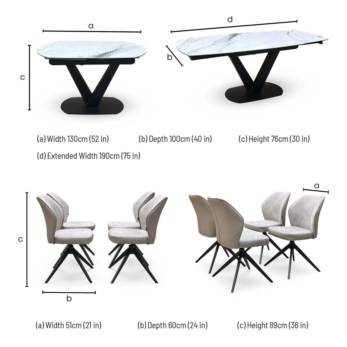 Julio dining set dimensions: table width 130cm, depth 100cm, height 76cm, extends to 190cm; chairs 51 x 60 x 89cm