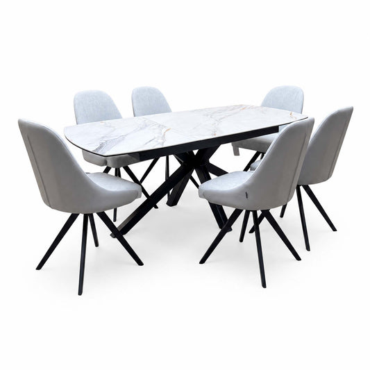 'Jose' Fiorentino Marble Ceramic Top 160cm Pop up Extending Dining Table with Stone Grey Faux Leather Swivel Chairs X 6