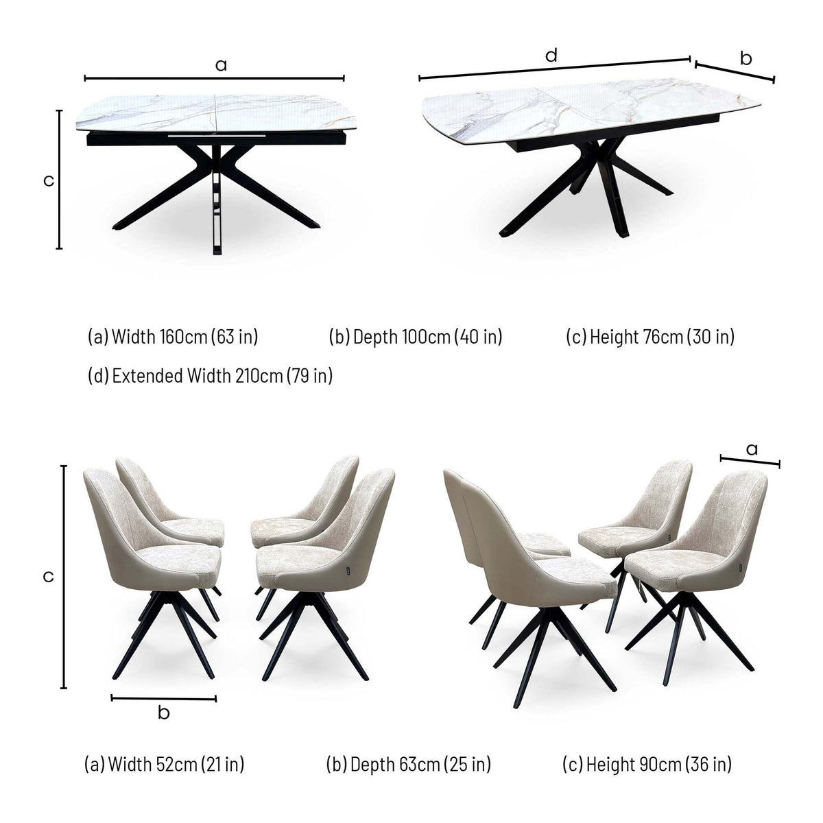 'Jose' Fiorentino Marble Ceramic Top 160cm Pop up Extending Dining Table with Pebble Beige Fabric Set of 4 Swivel Chairs