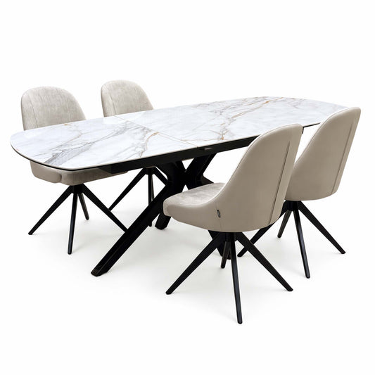 'Jose' Fiorentino Marble Ceramic Top 160cm Pop up Extending Dining Table with Pebble Beige Fabric Set of 4 Swivel Chairs