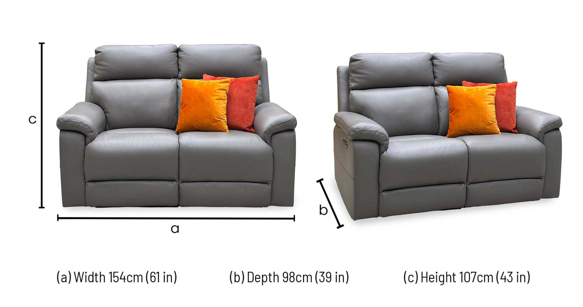 Raven elephant grey leather 2 seater power recliner sofa dimensions: width 154cm, depth 98cm, height 107cm