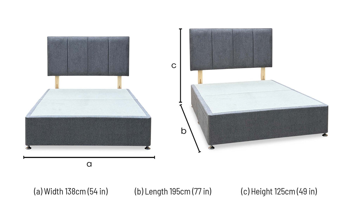 Linear diamond grey fabric double divan base and headboard dimensions: width 138cm, length 195cm, height 125cm