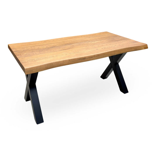 Bodahl Terra Bassano solid oak compact raw edge 160cm dining table with black X-shaped legs, angled cut-out